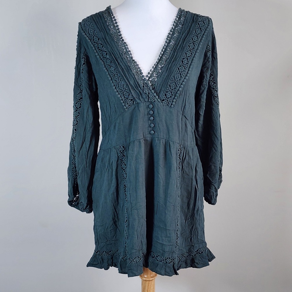 American Eagle Romper Womens Large Green Crochet Lace Long Sleeve Boho Festival